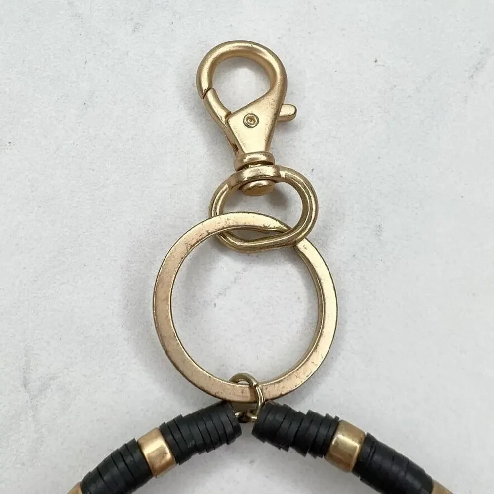 Gold Tone and Black Beaded Bracelet Lightning Charm Keychain Keyring